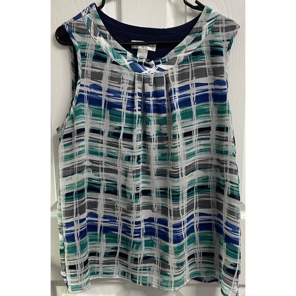 C.J. Banks Womens Sleeveless Blouse‎ Green/Navy/White Geometric Lined Sz. L - Picture 1 of 8